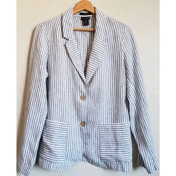 Tahari Blazer Women L Blue White Striped Linen Two Button Preppy Timeless Jacket - Picture 1 of 8